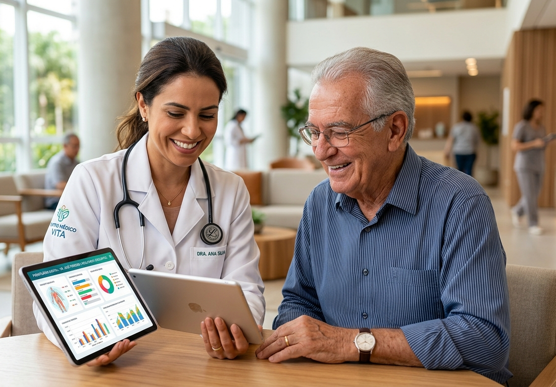 Médica e paciente utilizando o sistema Amparo em tablet