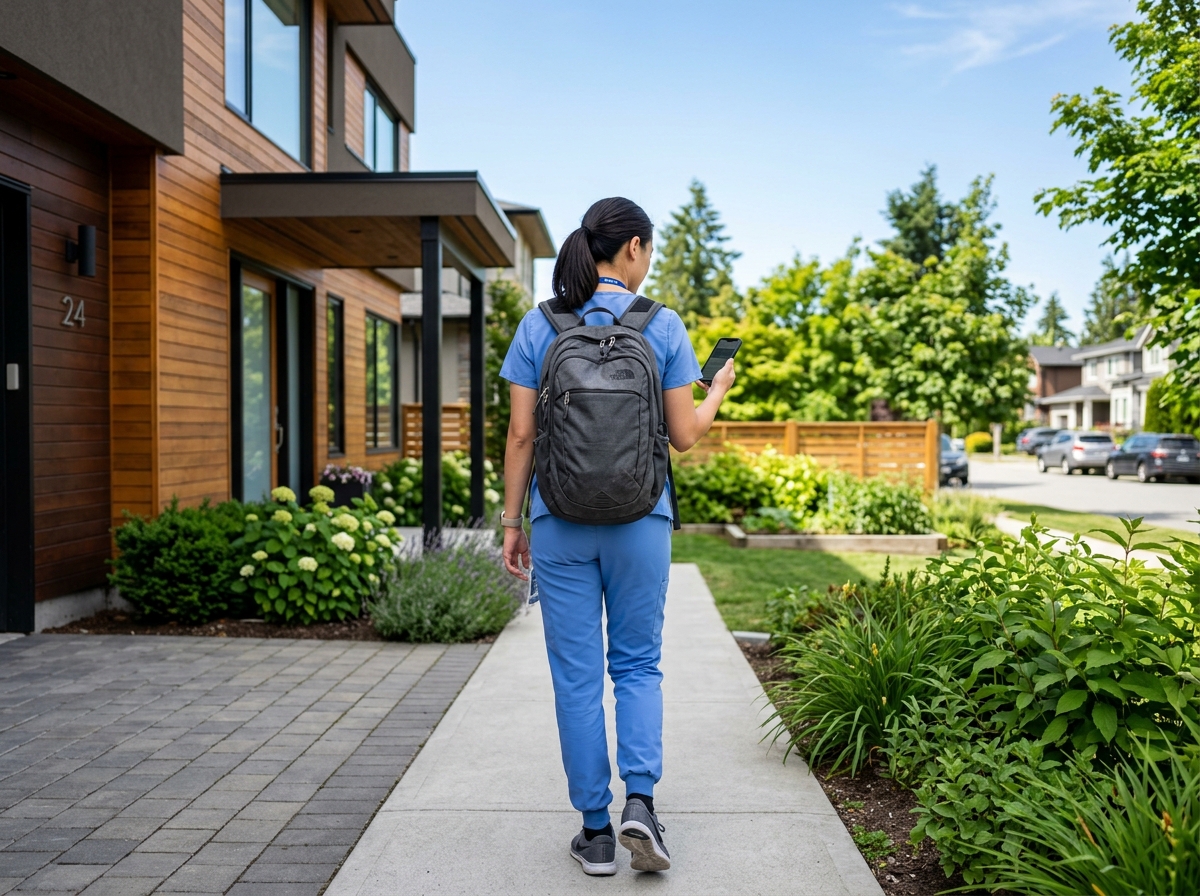 Cuidadora com mochila a caminho do paciente de home care