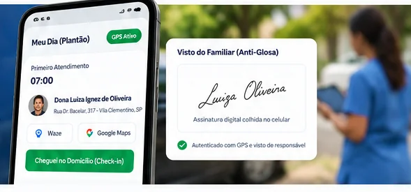 Aplicativo de ponto com GPS e visto do familiar no Amparo Home Care